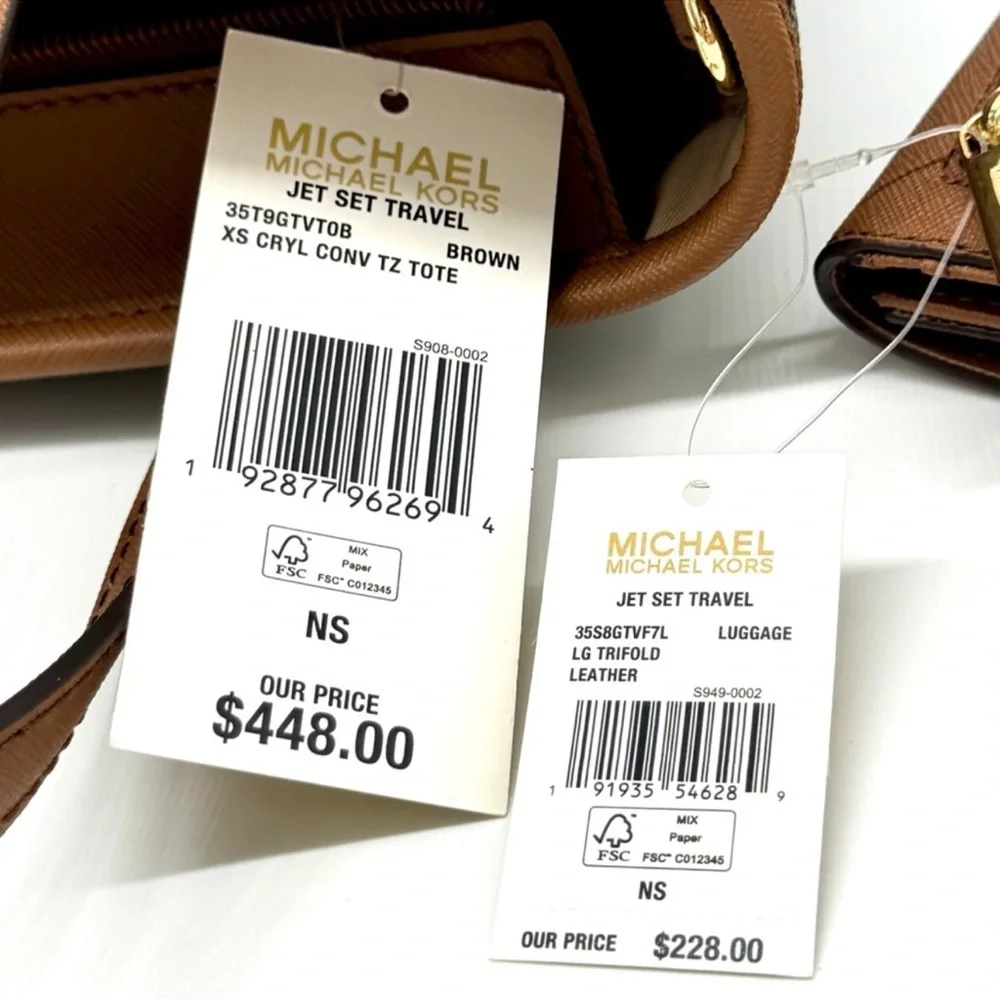 Michael Kors JST XS Logo TZ Tote Bag & Matching Trifold Wallet Signature Brown